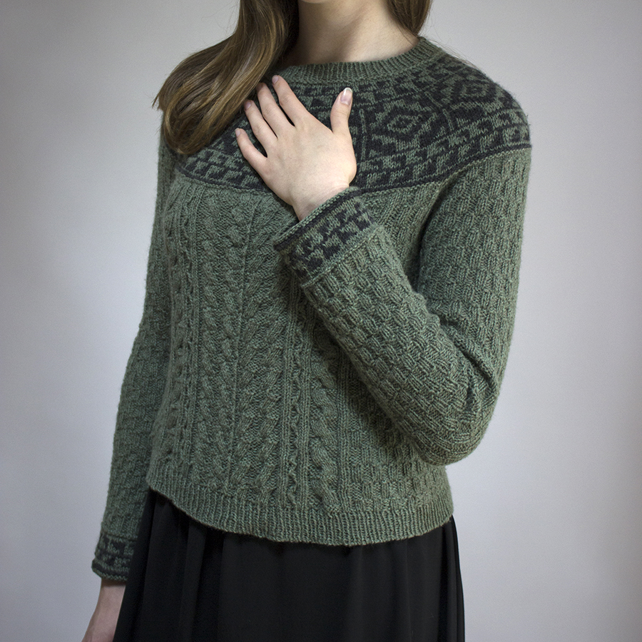 Staggered and Broken knitting pattern pullover with stranded colorwork yoke